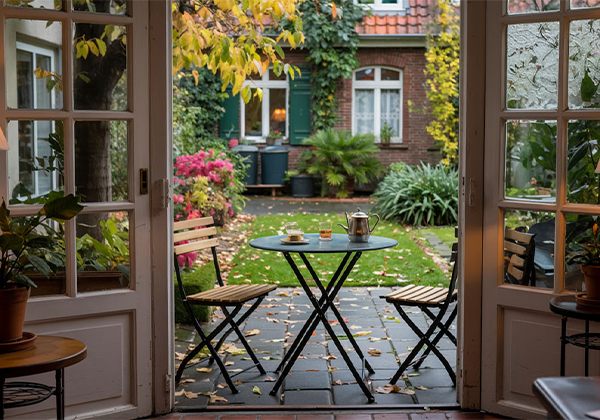 Herbstlicher-Innenhofgarten-mit-Teetisch-Laub-Bluetenpflanzen-und-Altbaufassade-1