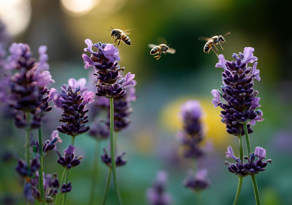 Nahaufnahme-bluehender-Lavendel-mit-fliegenden-Honigbienen-im-sommerlichen-Garten-1
