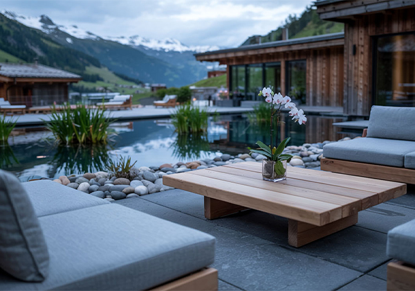 Naturpool-mit-Lounge-Moebeln-Steinen-und-Orchidee-in-alpiner-Abendstimmung-2