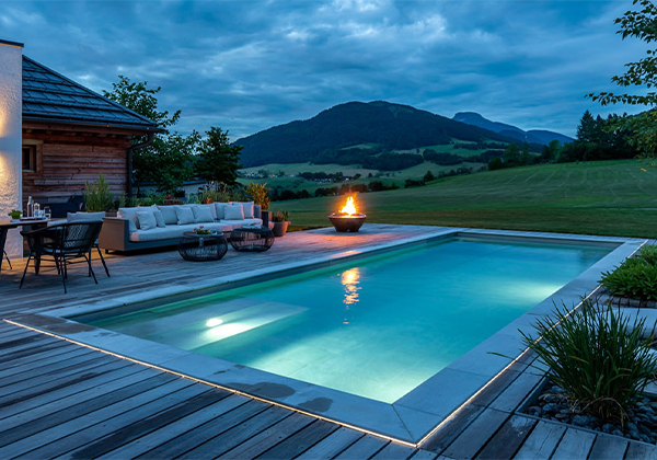 Poolterrasse-mit-Feuerstelle-und-Lounge-vor-alpiner-Landschaft-in-der-Abenddaemmerung-1