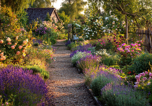 Blühender Cottage-Garten mit Lavendel, Rosen und Staudenbeeten entlang eines Gartenweg