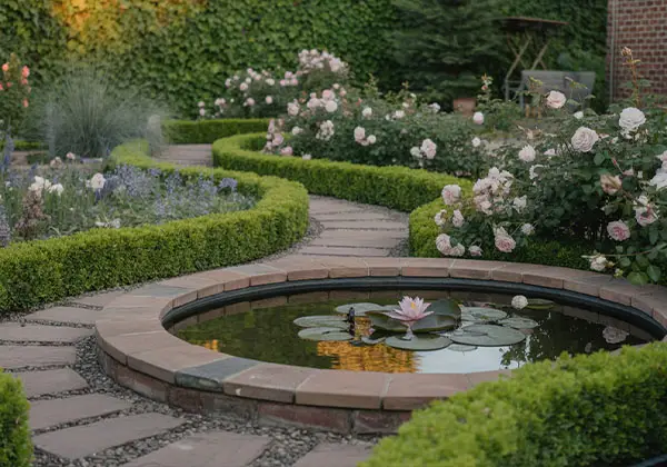 Garten mit rundem Teich, blühenden Rosen und geschwungenen Heckenwegen