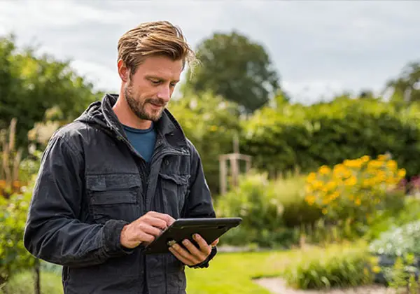 Gartenprofi mit Tablet in spätsommerlichem Garten mit blühenden Stauden