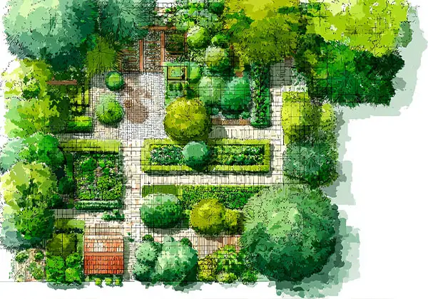 Gestaltungsplan mit üppiger Bepflanzung, Laube und klar geführten Wegen