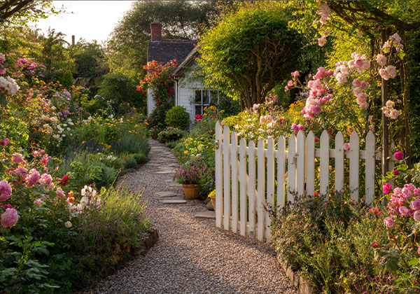 Kiesweg führt durch blühenden Bauerngarten zu einem weißen Gartenhaus