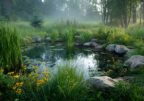 Kleiner Naturteich mit Seerosen und Schilf in wilder Wiesenbepflanzung