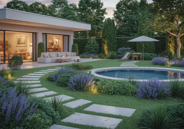 Landhausgarten am Einfamilienhaus mit blühenden Rosen, Stauden und gewundenem Weg