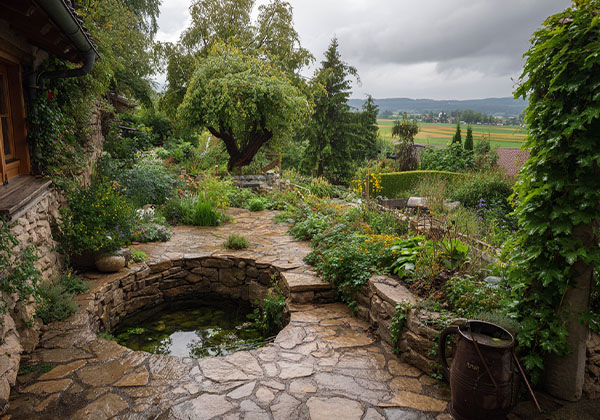 Landhausgarten mit Natursteinmauern, Bauerngartenbepflanzung und kleinem Rundteich