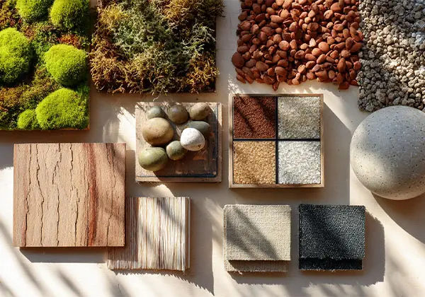 Materialcollage aus Holz, Moos, Steinen und Stoffproben für die Gartenplanungatz in Aquarellfarben