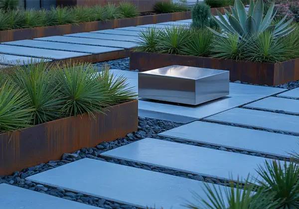 Minimalistischer Garten mit Cortenstahlrahmen, Agaven und geometrischer Edelstahlskulptur