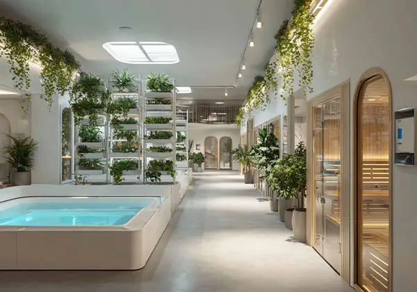 Moderne Wellnesslandschaft mit Whirlpool, Sauna und vielen Zimmerpflanzen