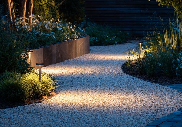 Moderner Gartenweg aus Kies mit LED-Leuchten und umliegender Staudenbepflanzung am Abend