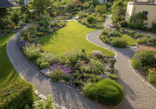 Naturnaher Garten mit geschwungenen Wegen, Blumenbeeten und großem Rasenzentrum