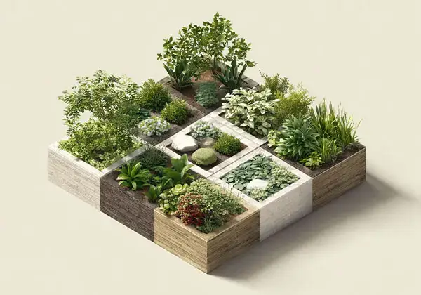 Pflanzmodul mit strukturierter Bepflanzung aus Stauden, Gräsern und Gehölzen