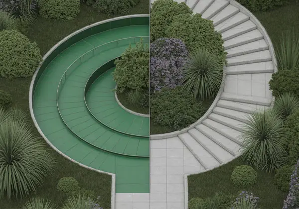 Runde Gartentreppe mit Buchs, Lavendel und symmetrischer Formensprache