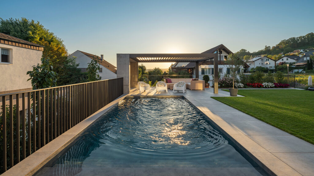 Loungegarten mit Pool und Blick in die untergehende Sonne