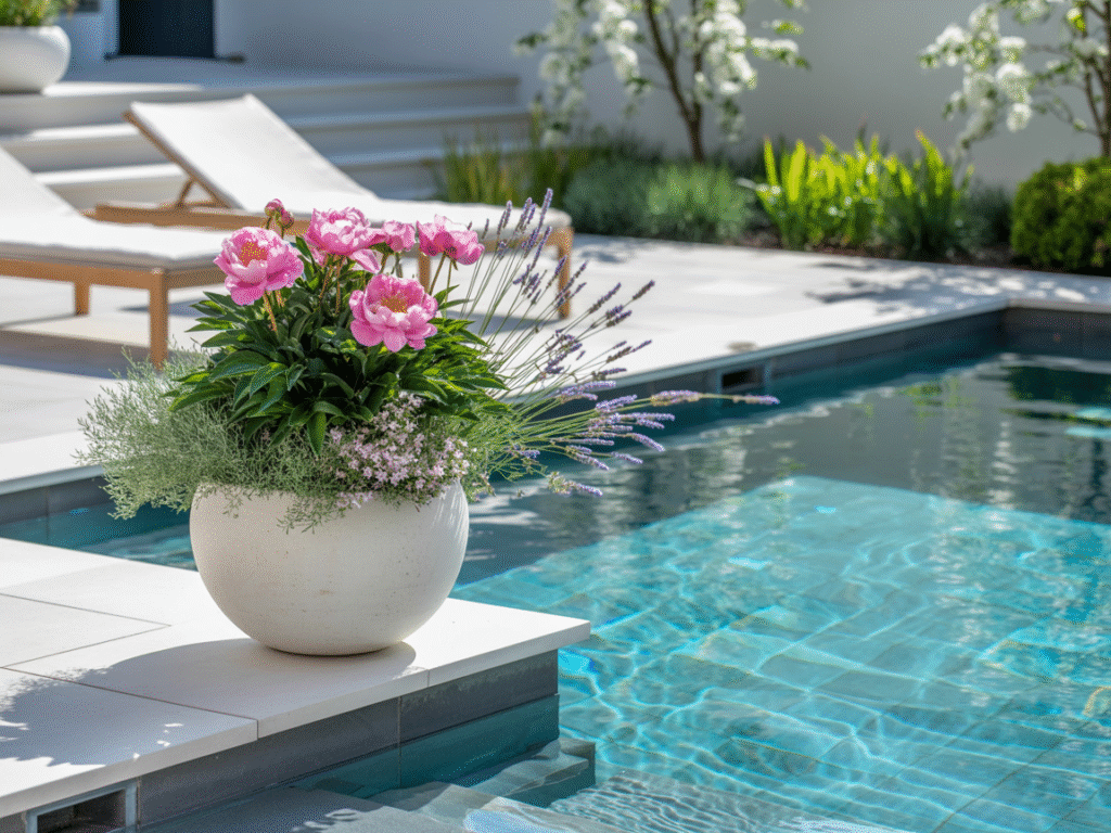 Eleganter Poolrand mit pinken Blüten und Lavendel