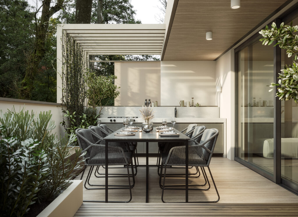 Moderner Essbereich im Garten mit Outdoor-Küche und Pergola