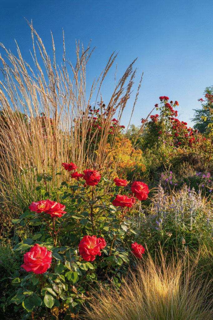 Herbstgarten mit Rosen und Ziergräsern unter blauem Himmel