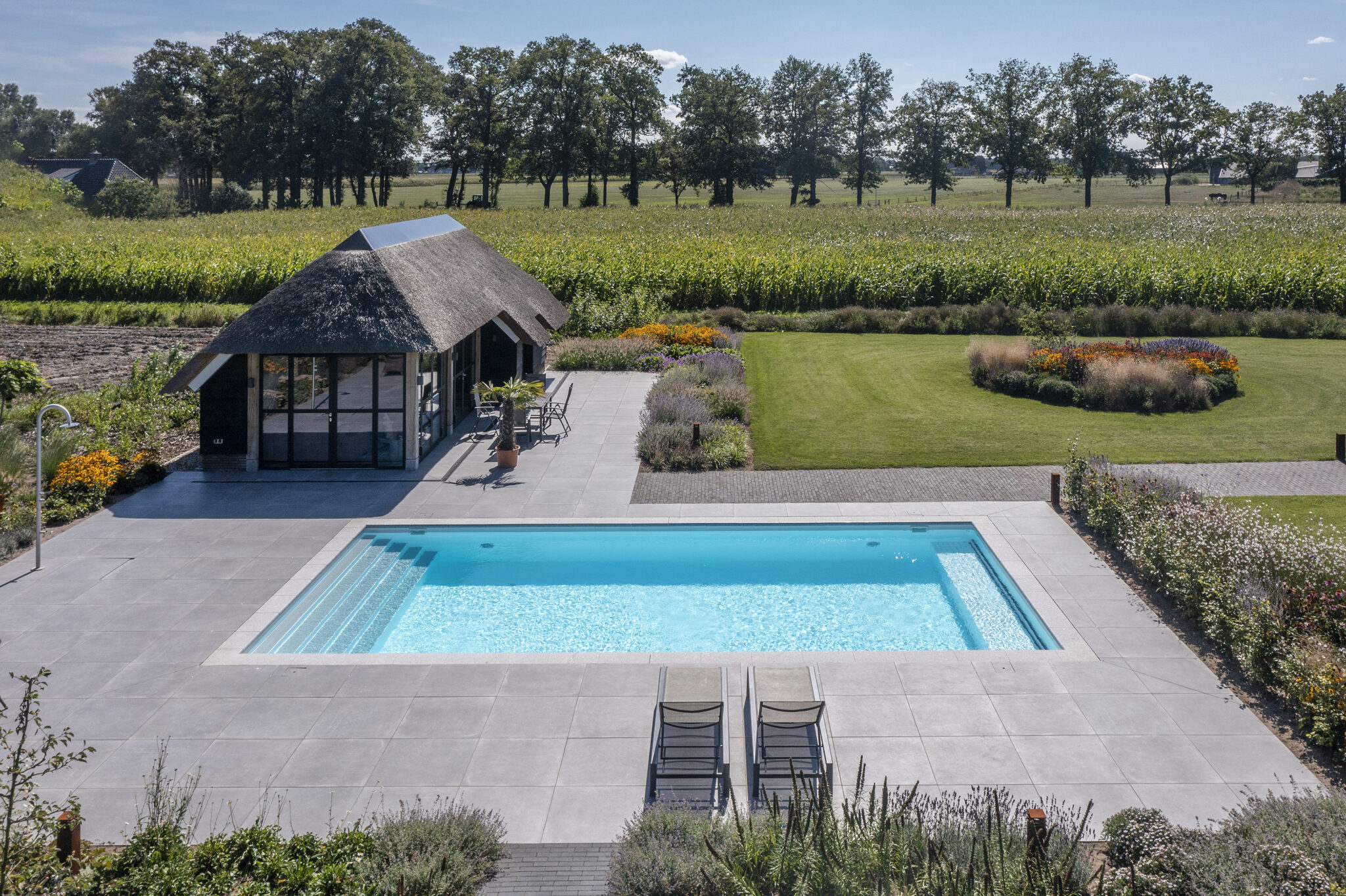 Luftaufnahme von Pool mit Reetdachhaus und Gartenanlage