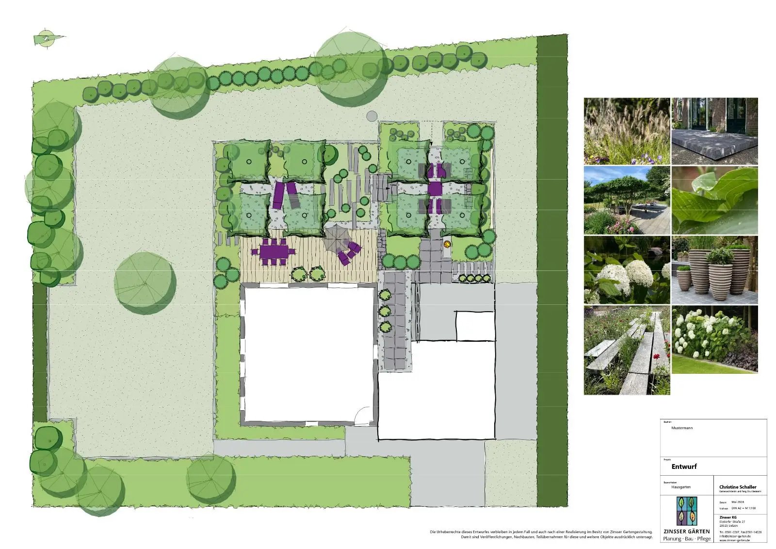 Ein professioneller Gartenentwurf mit klar gegliederten Sitzbereichen, strukturierter Bepflanzung, Gehölzrahmung und durchdachter Wegeführung. Der Plan zeigt eine moderne, funktionale Gestaltung für einen Privatgarten.