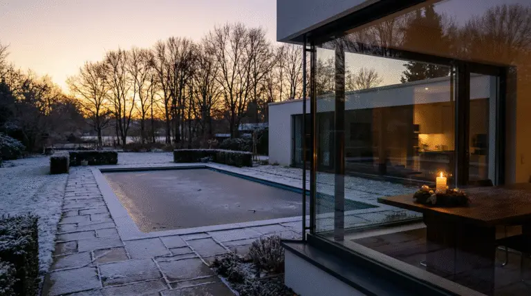 Verschneiter Garten einer modernen Villa mit gefrorenem Pool bei Sonnenuntergang, mit Blick durch das Fenster auf einen Innenraum mit Kerzenlicht.