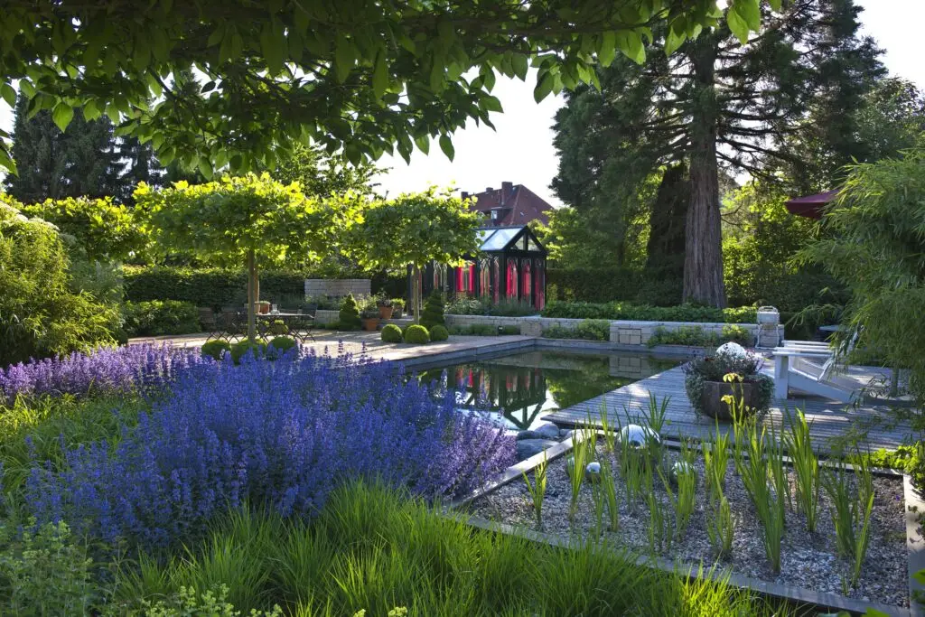 Ein eleganter Garten mit großem Naturpool, üppigen blauen Stauden, geschnittenen Formgehölzen, Bambus und einer hellen Sitzterrasse. Im Hintergrund steht ein stilvoller Pavillon. Die Gestaltung verbindet klare Linien mit natürlicher Bepflanzung.