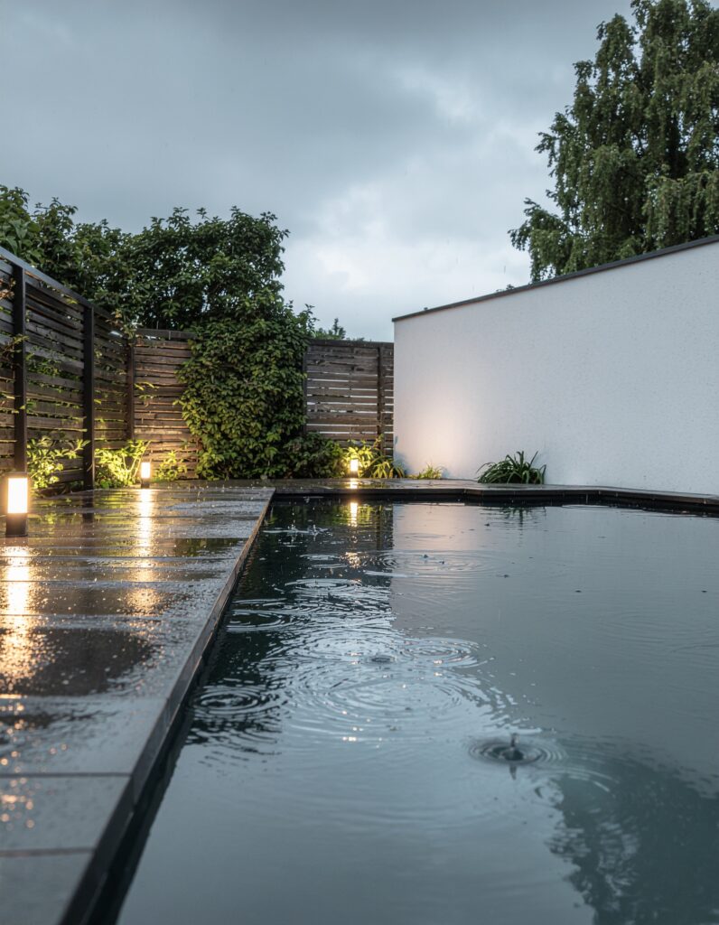 Dunkler, moderner Gartenpool mit nassem Plattenbelag, Regenringen und seitlichen Sichtschutzelementen.