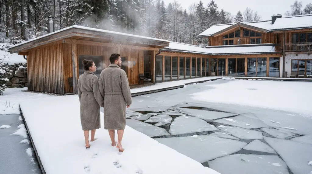 Paar im Bademantel vor einem halb zugefrorenen Naturpool in einem alpinen Wellnesshotel aus Holz.