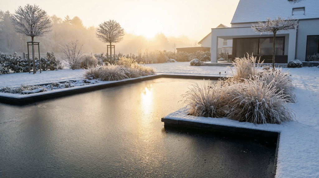 Moderner Garten mit gefrorenem Naturpool, schneebedeckten Ziergräsern und weichem Sonnenaufgang.