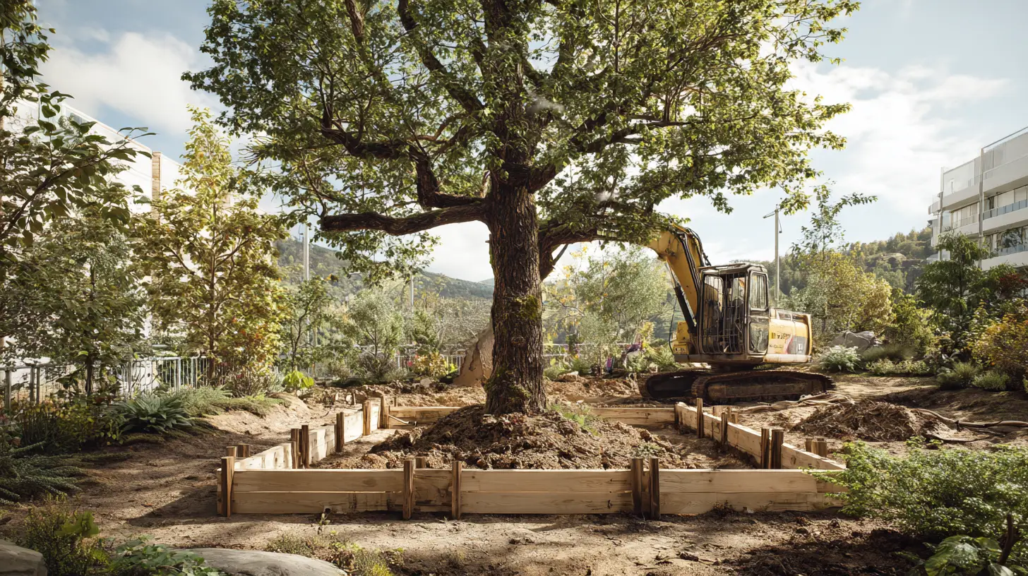 Abgesperrter Wurzelbereich eines Baumes auf einer Baustelle im Gartenbau mit Bagger außerhalb der Schutzzone